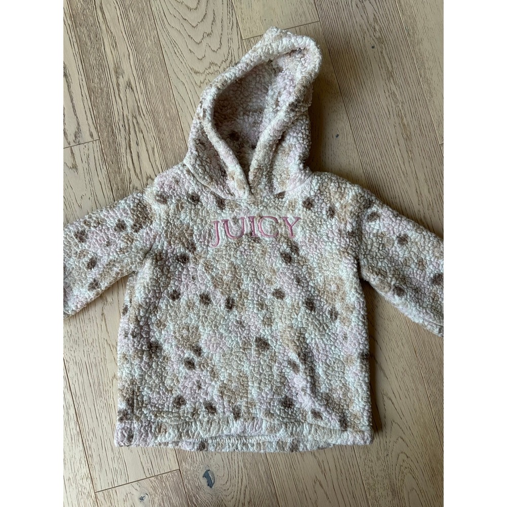 Juicy Couture Kids 3T Leopard Print Sherpa Fleece Hoodie Pink Tan Pullover